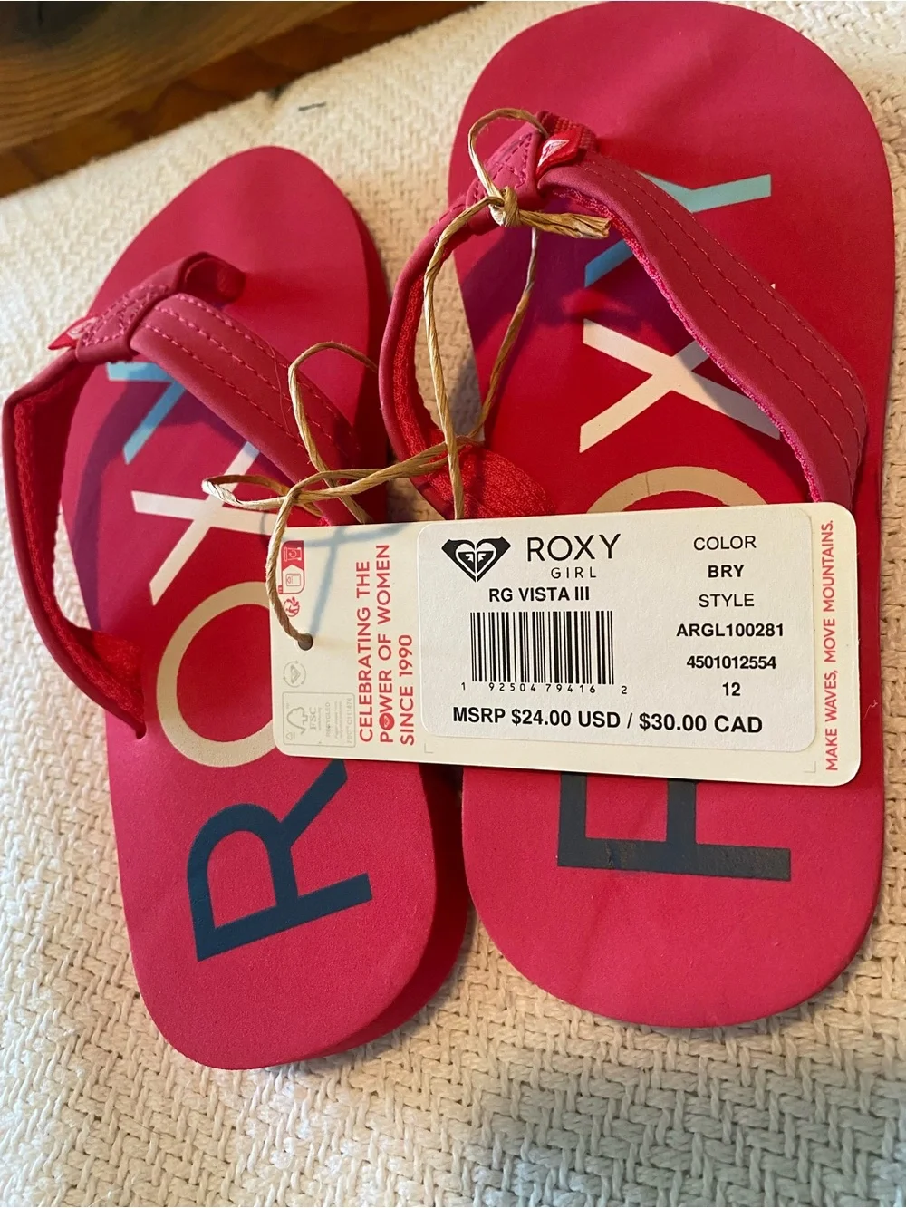 NWT Roxy Kids Hot Pink Logo Flip Flops